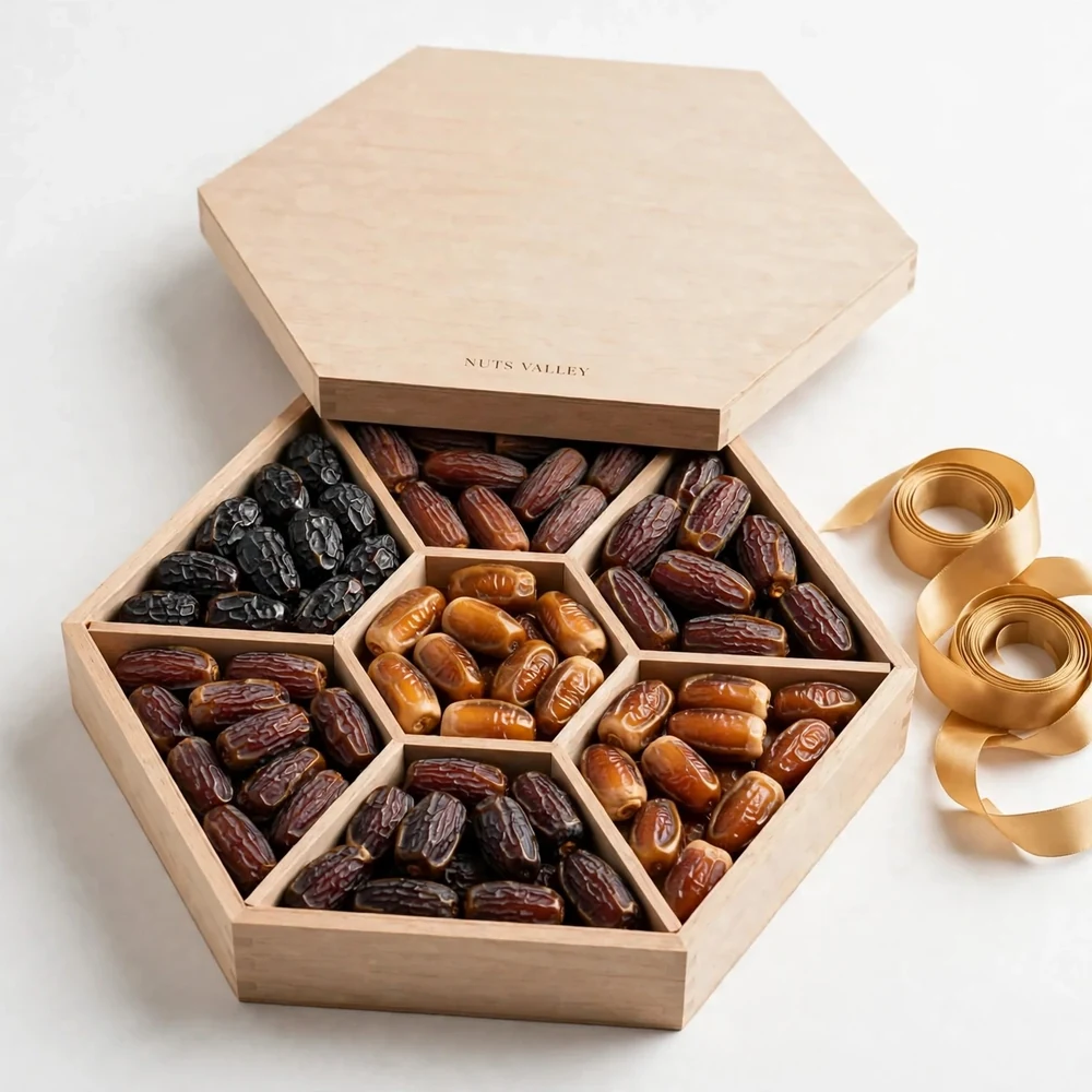 Khajoor (Dates) 7 Portion Large Box – Dark Brown Hexagon