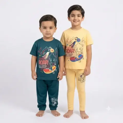 Boys Dino Skater Cotton Jersey Set – Teal & Yellow