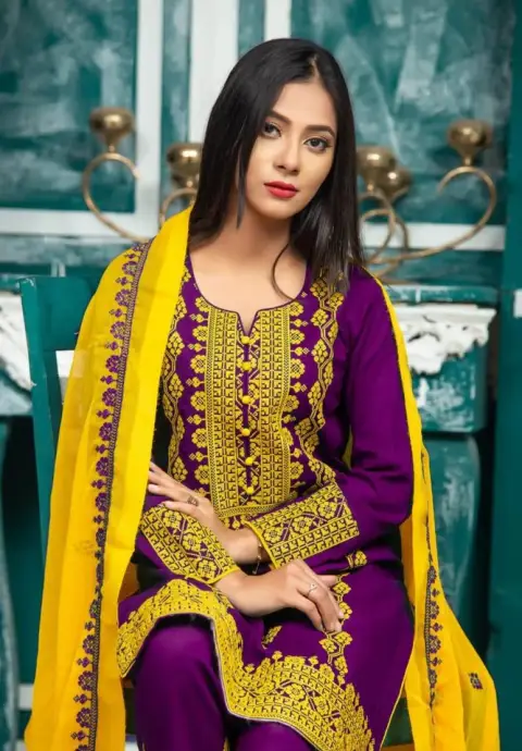 Elegant Purple & Yellow Embroidered Lawn Suit