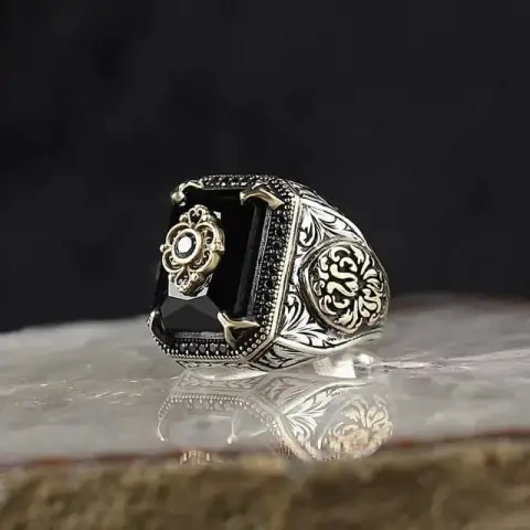 Vintage Men's Ring Black Smudge Square Gemstone Ring Punk Hip Hop Unique Trendy