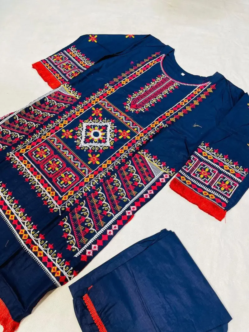 2Ps Womens Stiched Cotton Embroiderd Shirt And Trouser