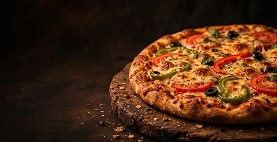 Loaded pizza with cheese, peppers and tomato